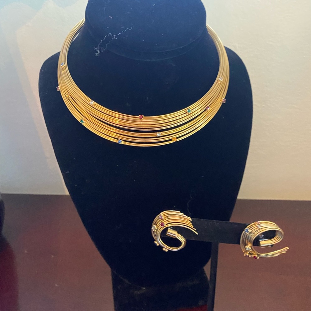 Multi strand gold wire choker and earrings